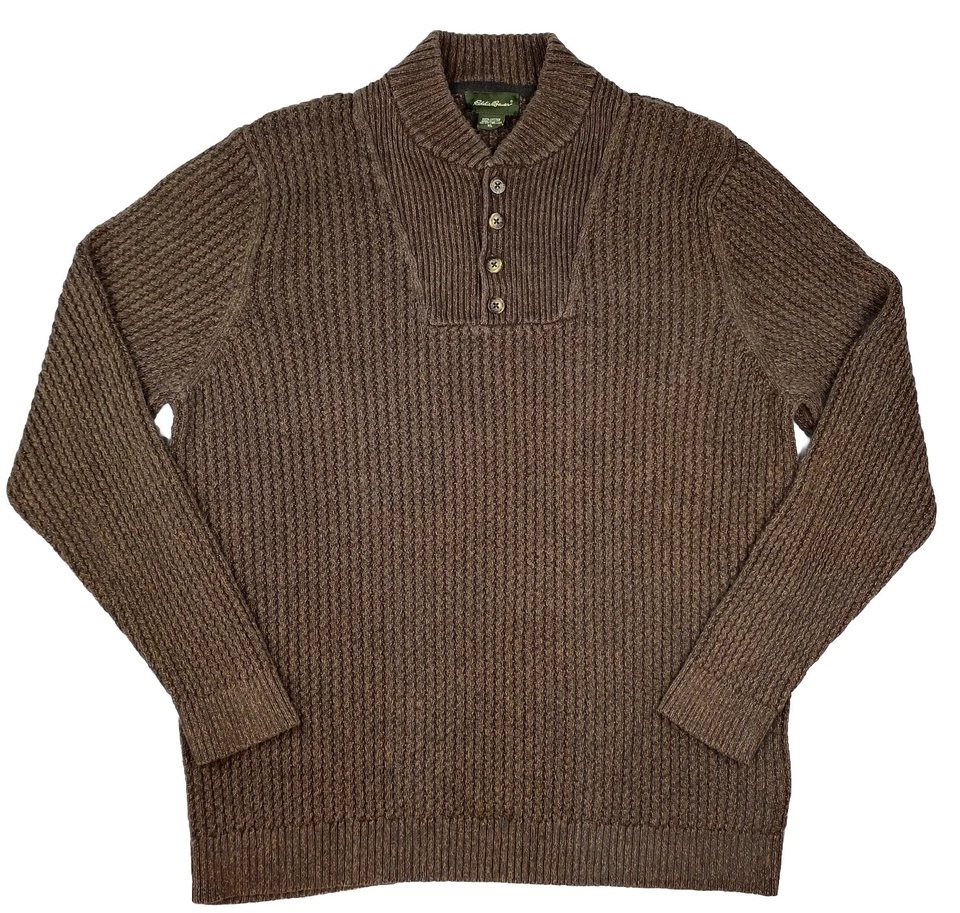 Vintage EDDIE BAUER Henley Fisherman’s  Sweater Men’s XL Brown Cotton Corporate - Image 1 of 4