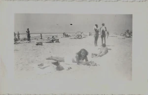 1946 Photo Mission Beach San Diego Lady Sunbathing Deckle Edge 5.25"x3.25" - Picture 1 of 2