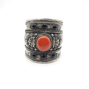 Silver Tone Cuff Bracelet with Red Jasper And Onyx 3" - Picture 1 of 7