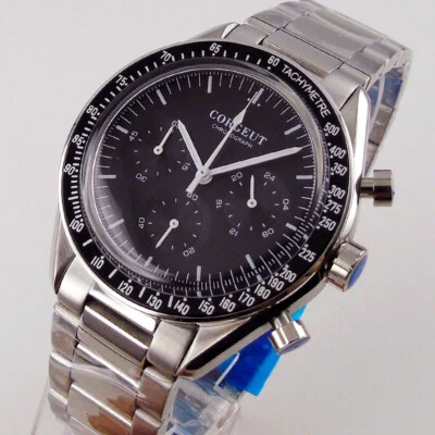 40mm Corgeut Quartz Men's Watch Black Dial Bezel Stop Watches Full Chronograph - Image 1 of 4