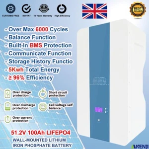 Batteria di accumulo 51,2 V 100 Ah LiFePO4 montaggio a parete 5kWh 48 V BMS sistema di accumulo solare - Foto 1 di 5