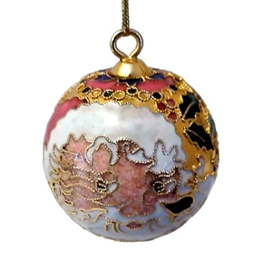 Arte di Cloisonne Natale Rotondo Faccia di Babbo Natale Agrifoglio Smalto Oro Vintage Ornamento In Scatola - Foto 1 di 11