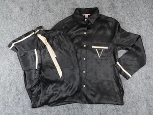 Victorias Secret Pajama Set Womens Small Black Satin Polka Dot Jacquard 2 Piece - Picture 1 of 18