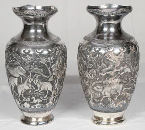 2x Antike Silber Vase Persien signiert Repoussé Tiere im Paradiesgarten um 1920 - Bild 1 von 20