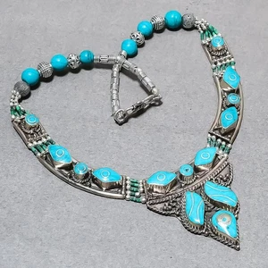 Tibetan Turquoise Handmade Statement Bohemian Nepali Jewelry Necklace 18" SR47 - Picture 1 of 7