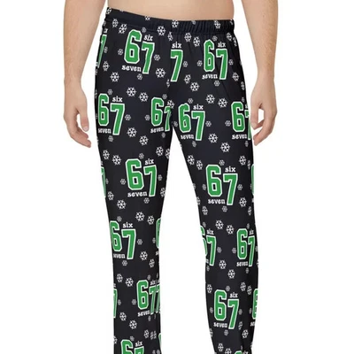 Pantalones de Pijama de Navidad, Negro con 67 Estampado Six Seven y Patrón de Copo de Nieve Foto 1 de 4
