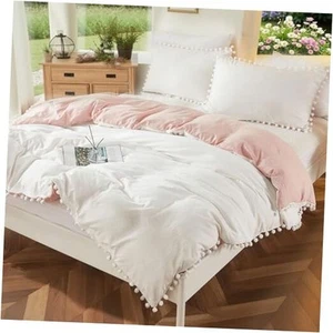 Pink Comforter Set Pom Pom Bedding Ultra Soft Breathable 3 Queen White&pink - Picture 1 of 7