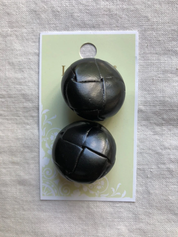Set of 2 Black Leather Covered Round Buttons 1-1/8" wide by La Mode - Shank - Image 1 of 1