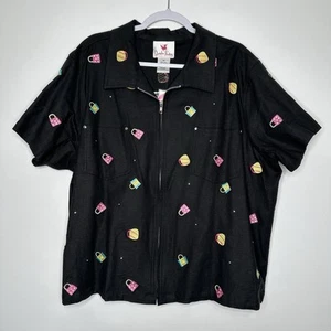 Camicia di lino Quacker Factory vintage nuova con etichetta taglia 2X borsa ricamata full zip nera - Foto 1 di 7