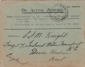 WW1 Active Service Cover FPO G - GHQ BEF France 1915 to Tug 57 Dover Harbour - Bild 1 von 3