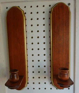 Vtg Pair Home Interiors Wood With Gold Trim Wall Sconces Candle Holders 14" Tall - Picture 1 of 10