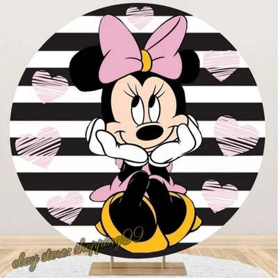 Telón de fondo redondo de fiesta de cumpleaños con tema de Minnie Mouse foto fondo decoración de estudio Foto 1 de 4