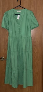 LOFT Green Puff Sleeve Tiered Midi Dress Size 8 Boho Peasant Flowy NWT - Picture 1 of 4
