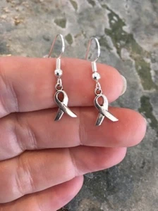 Awareness Ribbon Earrings Dangle Wire Hook Silver Alloy - Picture 1 of 3