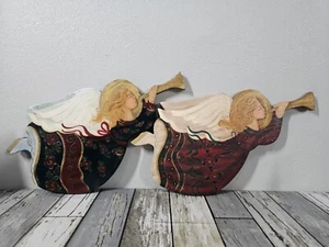 Wooden Trumpet Angel Wall Hanging Folk Art Hand Painted Signed Sandi Prescher - Picture 1 of 12