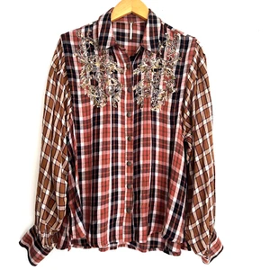 FREE PEOPLE Red Plaid Western Sequin Rhinestone Relaxed Fit Shirt Western - Picture 1 of 10