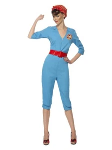 1940’s Factory Girl Costume Adult Medium 12 - 14 Jumpsuit Headscarf Fancy Dress - Picture 1 of 23