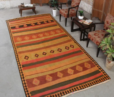 Alfombra de lana plana oriental Kilim hecha a mano 6x12 geométrica vintage para corredor Foto 1 de 4