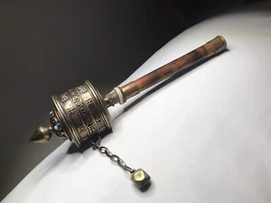 Antigua rueda de oración giratoria de mano hecha a mano budista tibetana - Imagen 1 de 10