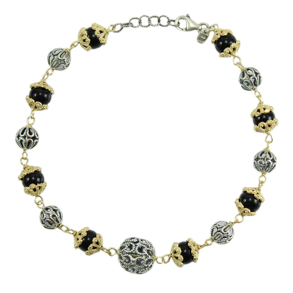 Pulsera Mujer Plata Bicolor Con Esferas Filigrana Perforado Y Ónix En Chainani - Imagen 1 de 2
