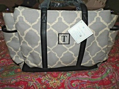 POTTERY BARN KIDS GRAY IKAT CLASSIC DIAPER BAG, MONOGRAM "T" , NEW - Image 1 of 2