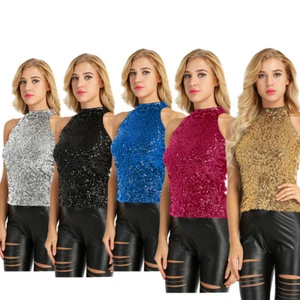 Womens Glitter Sequins Tank Top Halter Neck Sleeveless Sparkle Shimmer Vest Tops - Picture 1 of 29