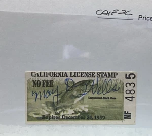 1959 California No Fee Fish Stamp Expires December 31, 1959 signed, used Wells - Picture 1 of 3