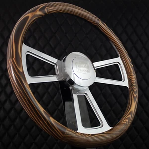 (T05) 18" Billet Steering Wheel Big Rig Flamed Pine Wood Wrap for International - Picture 1 of 10