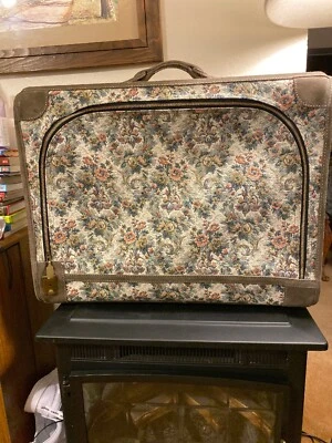 French Luggage Co. Grey Rose Tapestry Suede Suitcase 26” L x 20”H x 9.5” D. VGUC - Image 1 of 4
