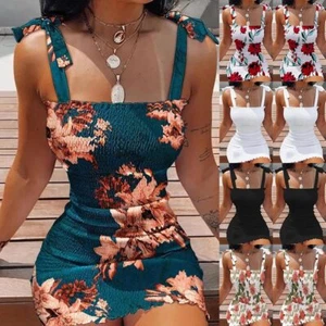 Women's Boho Floral Bodycon Mini Dress Ladies Strappy Summer Beach Cami Sundress - Picture 1 of 15