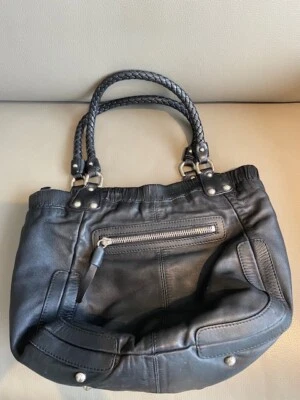 STUART WEITZMAN genuine leather shoulder bag satchel black braided handles - Image 1 of 4