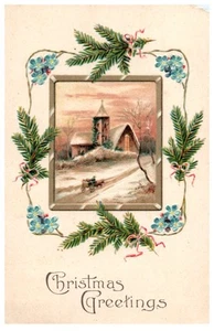 Antique Christmas Greetings Postcard Winter Church Scene (c. 1910's) 0644 - Picture 1 of 2