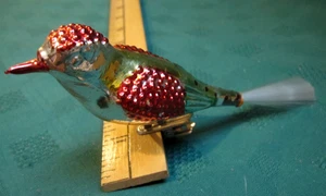 Vtg Song Bird Xmas Ornament Mercury Glass Red Green Silver Clip On Spun tail 6" - Picture 1 of 16