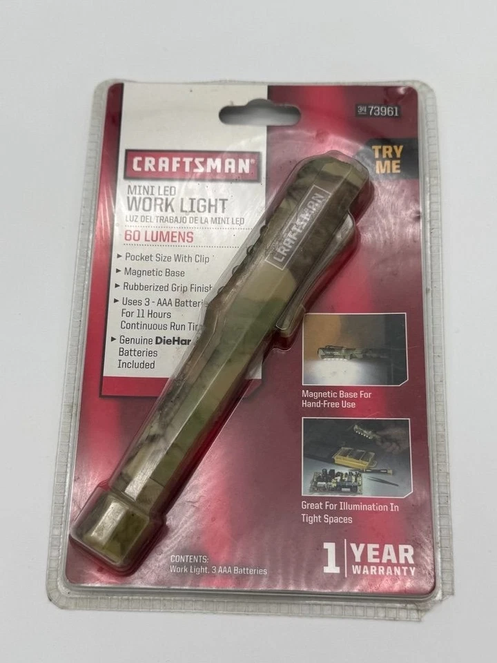 Sears Craftsman Mini Luz de Trabajo LED Camuflaje 73961 Tamaño de Bolsillo 60 Lúmenes Nuevo de Lote Antiguo Foto 1 de 2