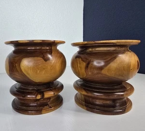 Pair of Vintage Carved Wood Vessels | Rustic Boho Decor Candle Holders Vases - Picture 1 of 16