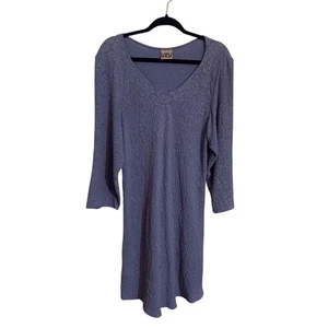 URU Medium Silk Lagenlook Dress Blue Textured Art To Wear V-Neck Long Sleeve - Picture 1 of 8