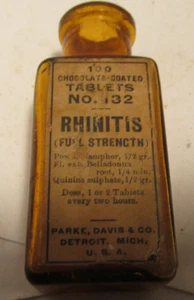 antique amber corker bottle-Rhinitis tablets Parke Davis Detroit,Mich. 2 3/4" tl - Picture 1 of 1