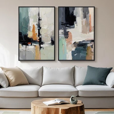 Arte de pared abstracto colorido enmarcado grande para sala de estar, juego de 2 impresiones de lienzo... Foto 1 de 4