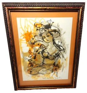 Litografía Madeline Sallier Arte Firmado 12 x 16 Enmarcado Mod Francés Abstracto Mujer - Imagen 1 de 13