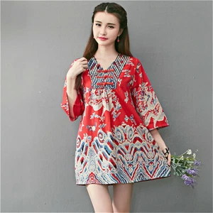 Lady Dragon Ethnic T-shirt Blouse Top Three Quarter Sleeve Retro Casual Loose - Picture 1 of 10