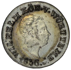 WURTTEMBERG 1 Kreuzer 1836 Billon AU/UNC Overstruck Wilhelm I - Imagen 1 de 3