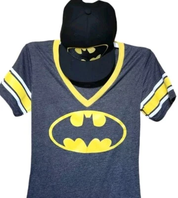 Lot DC Batman Womens Medium -V Neck   Short Sleeve Graphic Shirt AND Hat Combo! - Image 1 of 4