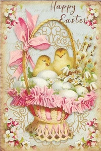 Vintage Easter Postcard RETRO Antique NEW REPRINT Baby Chicks Basket Flowers - Picture 1 of 2