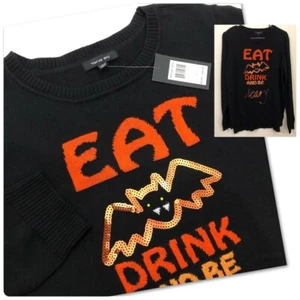 Maglione grande Halloween Verve Ami "Eat Drink & Be Spary" pipistrello nero paillettes nuovo con etichette - Foto 1 di 10