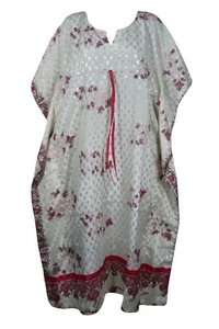 Boho White Recycle Silk Maxi Kaftan Floral Print Beach Cover Up Loose Caftan 2X