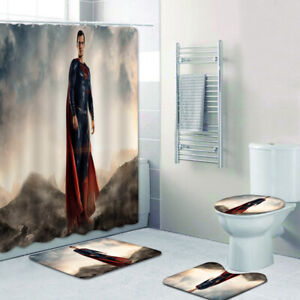 Superman Bathroom Rugs Set 4PCS Non-slip Mats Shower Curtain Toilet Lid Cover