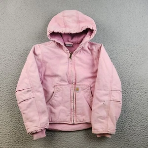 Carhartt Sherpa Lined Pink Hooded Full Zip Jacket Youth Girls Small (7-8) Canvas - Picture 1 of 14