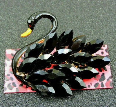 Broche Colgante Fantasía Negro Cisne Agua Real Pájaro Estrás Betsey Johnson Foto 1 de 4