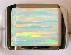 Men's 13 SUNSET GLOW Vivid Thick Square White Pink FIRE Opal Ring heavy 22 gr Z - Picture 1 of 12