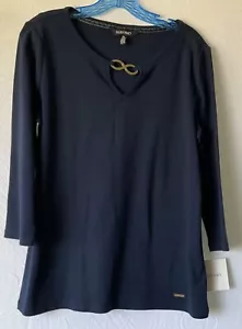 ELLEN TRACY Women’s 3/4 Sleeve Blue Cotton T-Shirt With Gold Accents - Picture 1 of 12